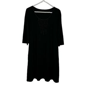 EILEEN FISHER BLACK MIDI LENGTH SCOOP NECK‎ DRESS WITH RUSCH DETAILING SZ S
